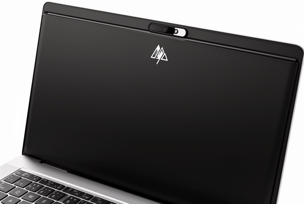 cache webcam noir personnalisé fixé sur un ordinateur portable avec logo